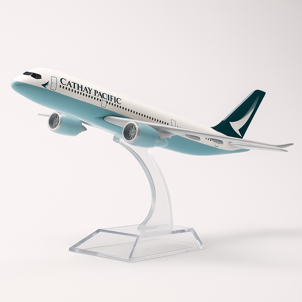 Model of a Cathay Pacific airplane on a white background