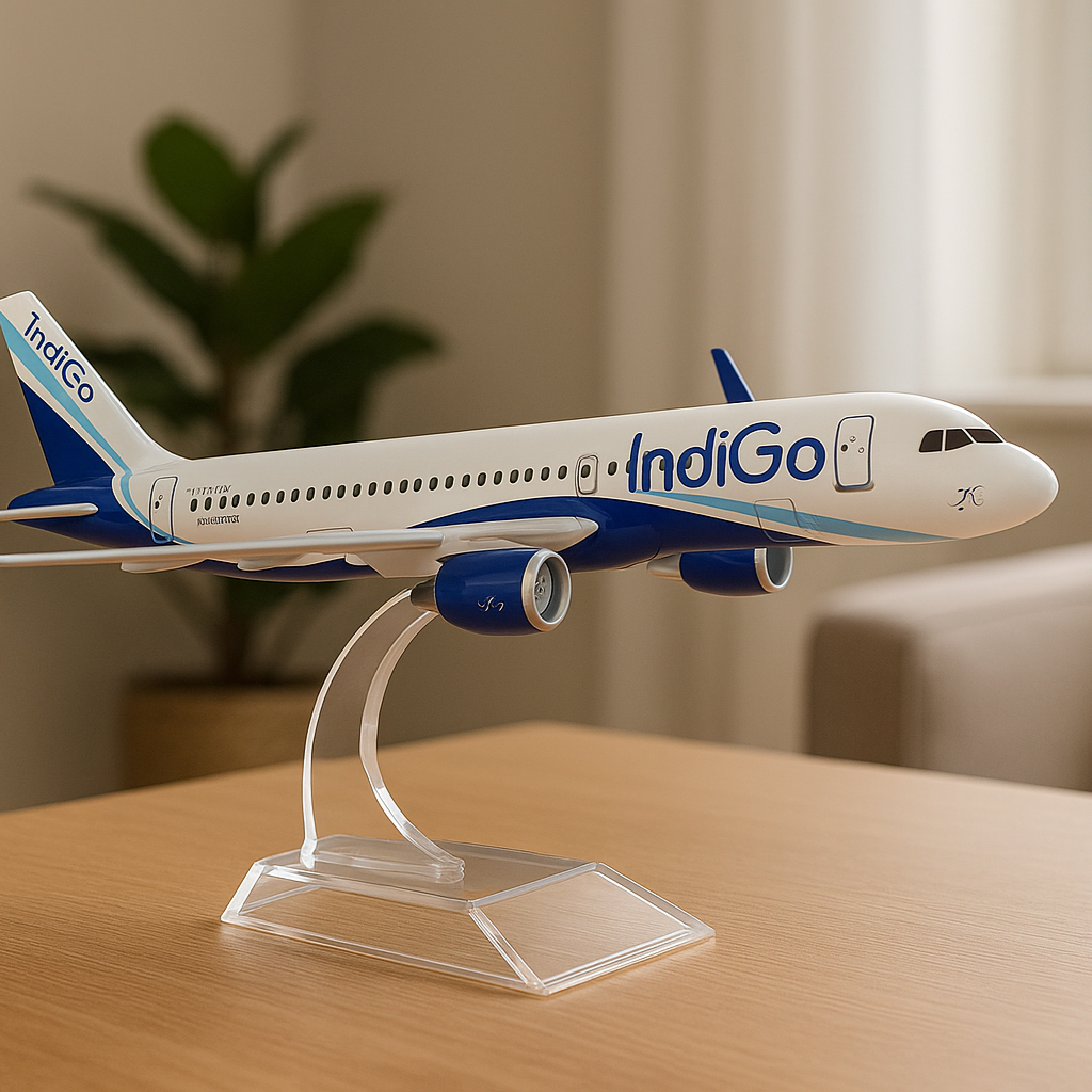 IndiGo airplane model on a clear stand in a home setting