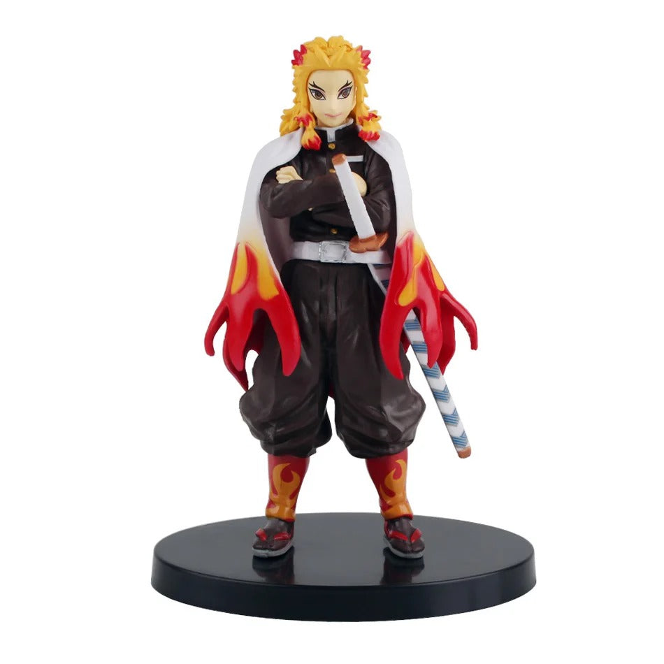 Kyojuro Rengoku standing action figure from Demon Slayer anime, 15cm tall with flame-patterned haori, detailed sword and display base