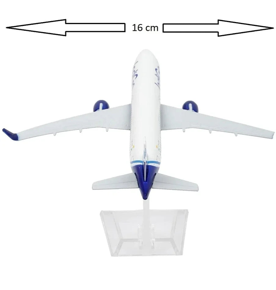 Model airplane with a measurement label on a white background