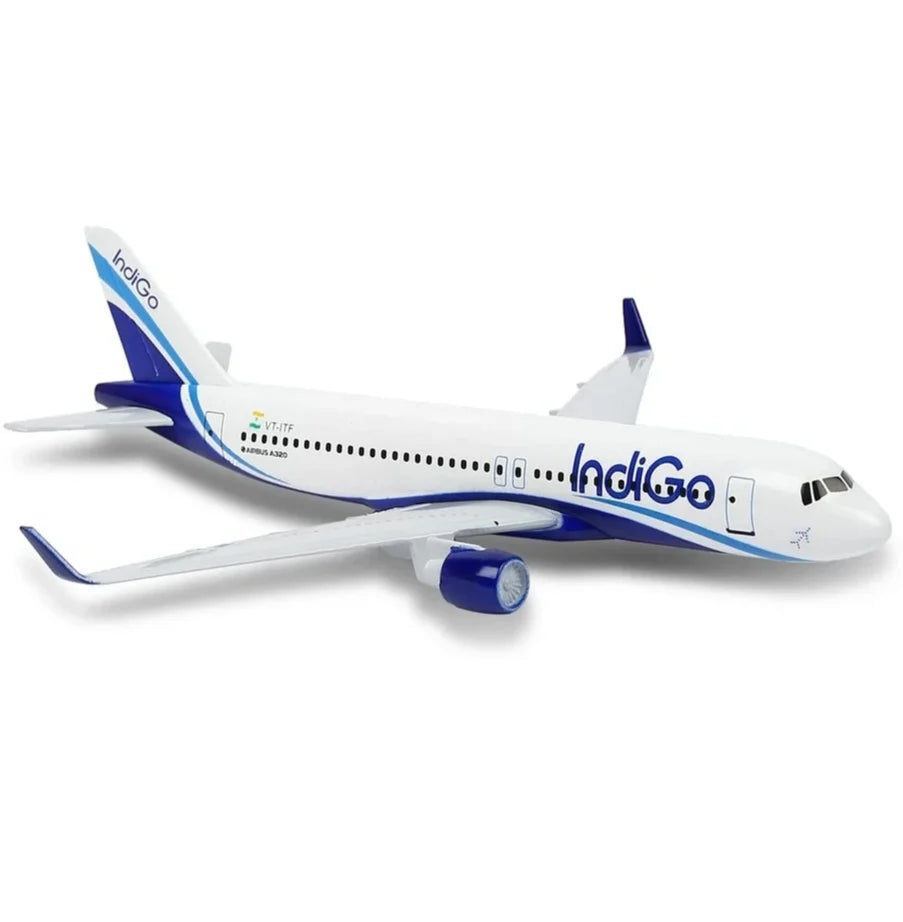 Model airplane with IndiGo branding on a white background