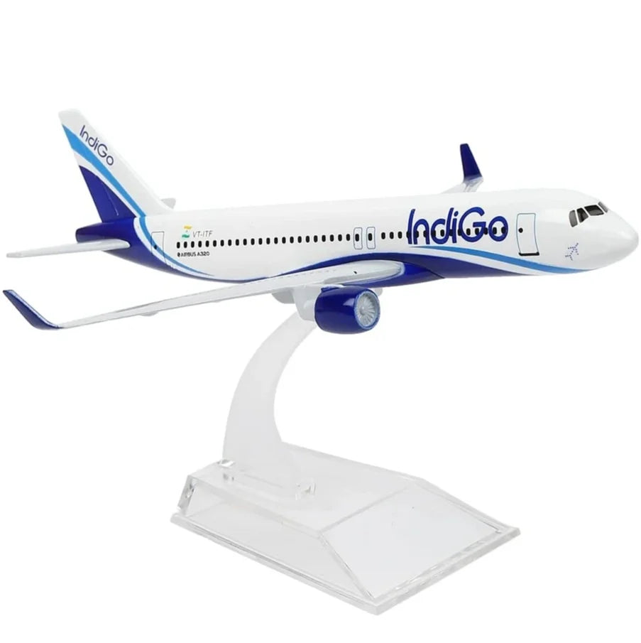 Model airplane with IndiGo branding on a white background
