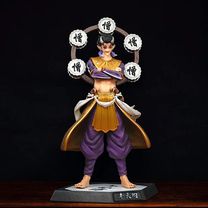 Demon Slayer Hantengu emotion clone figure 30 cm, wearing purple and gold robes with horns and a ring of Kanji drums. High-quality PVC statue.