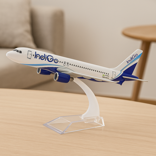 Model airplane of IndiGo on a clear stand with a blurred background