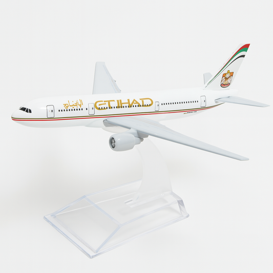 Model airplane with Etihad Airways branding on a white background