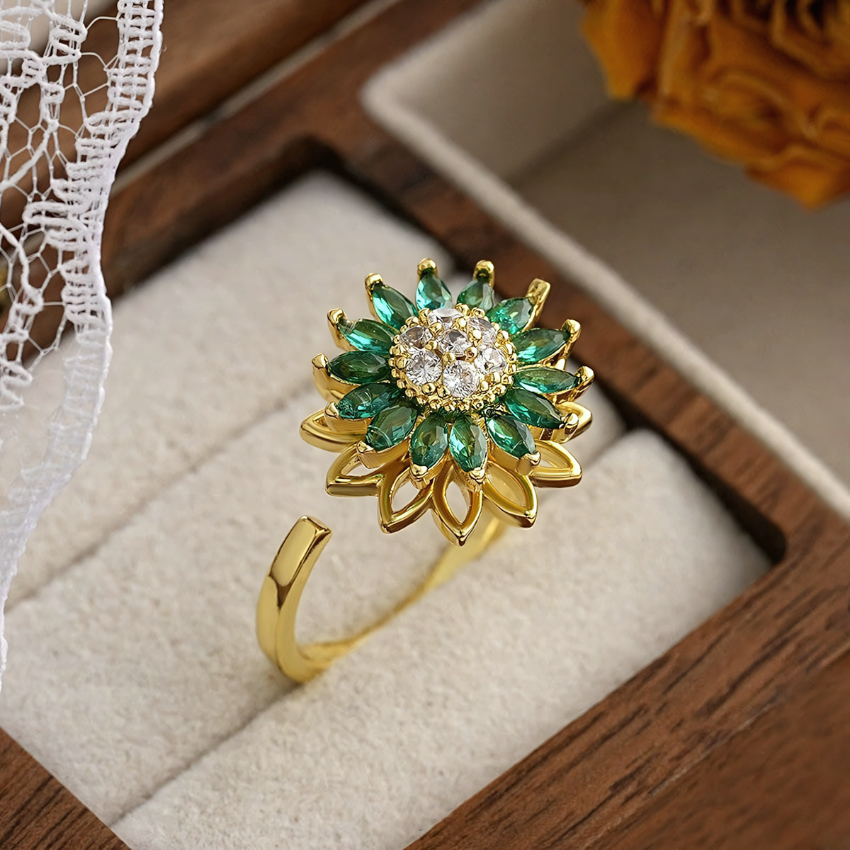 Solis anti-tarnish sunflower ring in wooden box highlighting the smooth adjustable open band