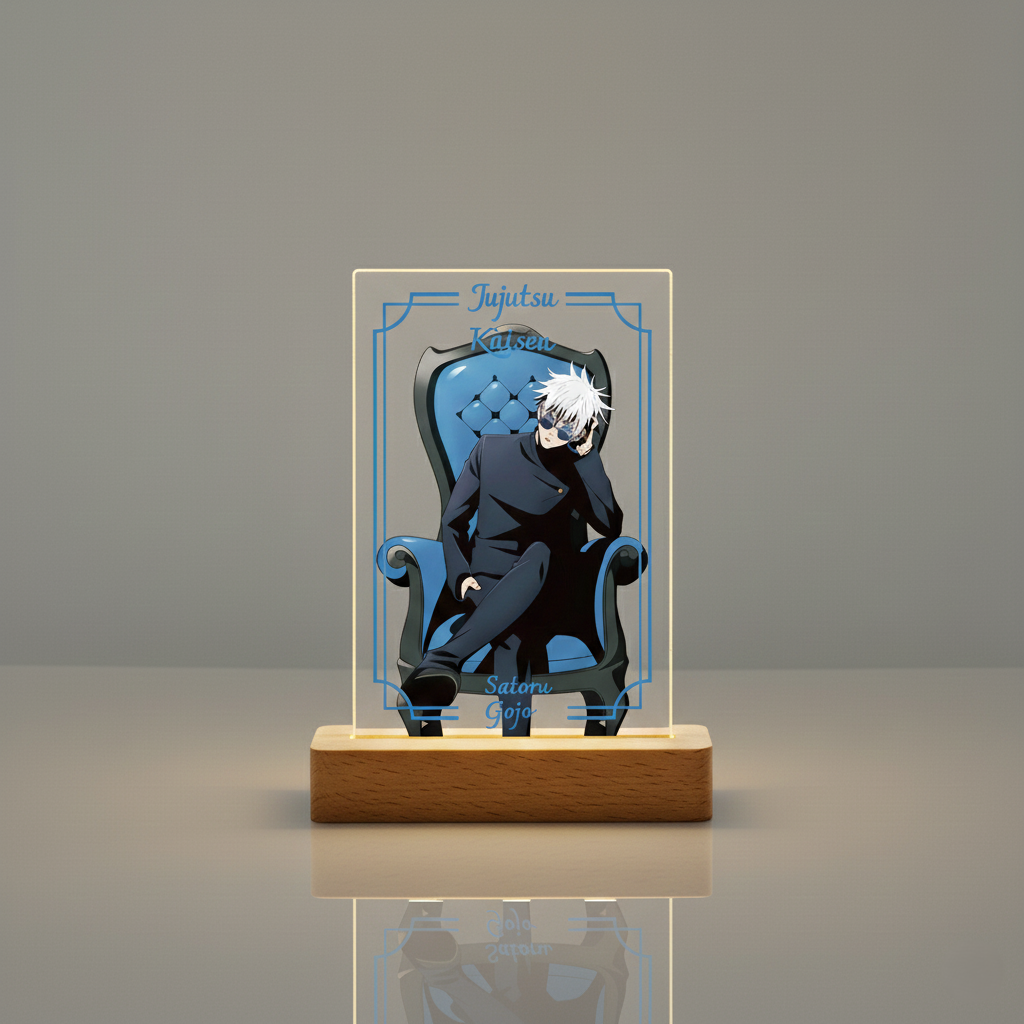 Satoru Gojo LED night lamp featuring a stylized illustration of the Jujutsu Kaisen character sitting on a throne, with an electric blue light glowing from the rectangular acrylic panel and a warm light from the wooden base.