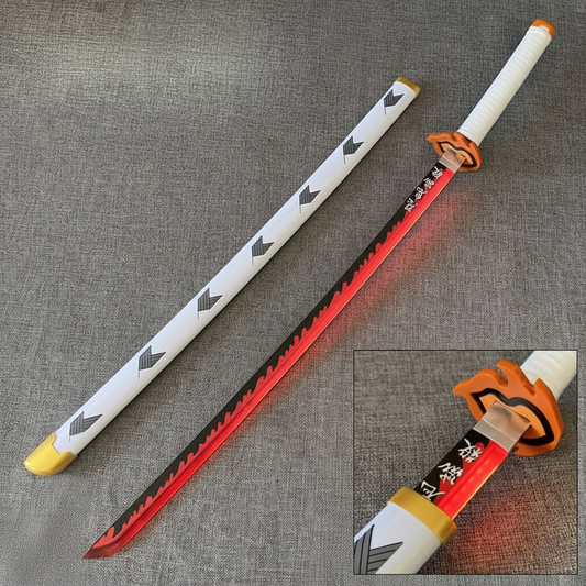 Kyojuro Rengoku Nichirin Blade Katana replica 104 cm, wooden sword with white scabbard and glowing red, flame-patterned blade. Safe, non-sharp prop with USB charge.