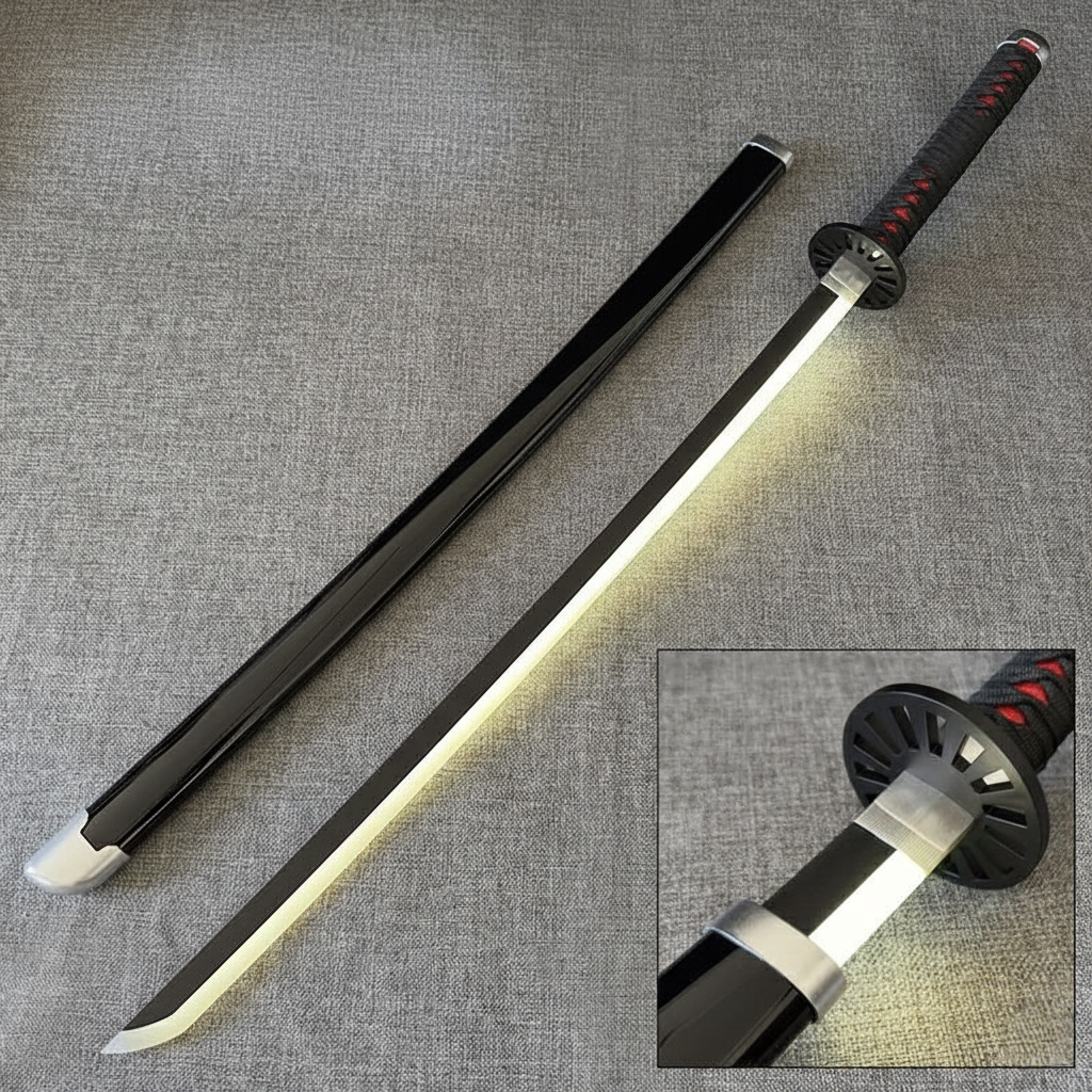 Tanjiro Kamado Nichirin Blade Katana replica 104 cm, wooden sword with glossy black scabbard and glowing white LED blade, black circular tsuba. Safe, non-sharp prop.