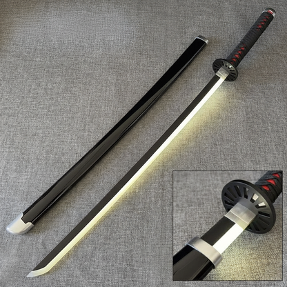 Tanjiro Kamado Nichirin Blade Katana replica 104 cm, wooden sword with glossy black scabbard and glowing white LED blade, black circular tsuba. Safe, non-sharp prop.
