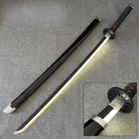 Tanjiro Kamado Nichirin Blade Katana replica 104 cm, wooden sword with glossy black scabbard and glowing white LED blade, black circular tsuba. Safe, non-sharp prop.