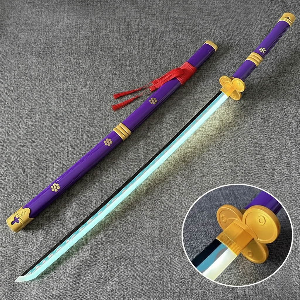 Roronoa Zoro Enma Katana replica 104 cm, wooden sword with purple scabbard, gold fittings, and glowing white/blue LED blade. Safe, non-sharp prop with USB charge.