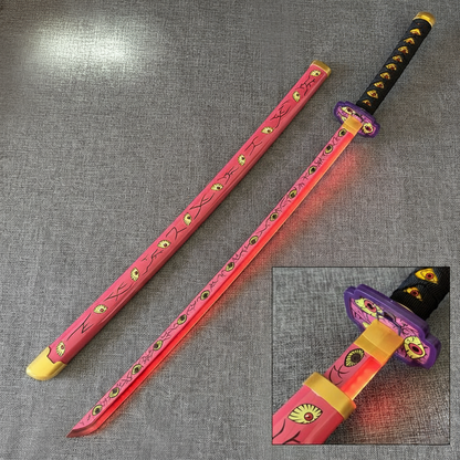 Kokushibo Nichirin Blade Katana replica 104 cm, wooden sword with pink/red scabbard and glowing red, eye-covered blade. Safe, non-sharp prop with USB charge.