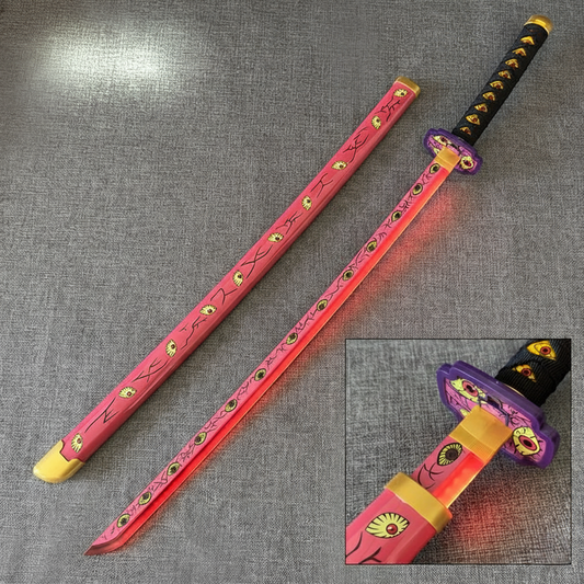 Kokushibo Nichirin Blade Katana replica 104 cm, wooden sword with pink/red scabbard and glowing red, eye-covered blade. Safe, non-sharp prop with USB charge.