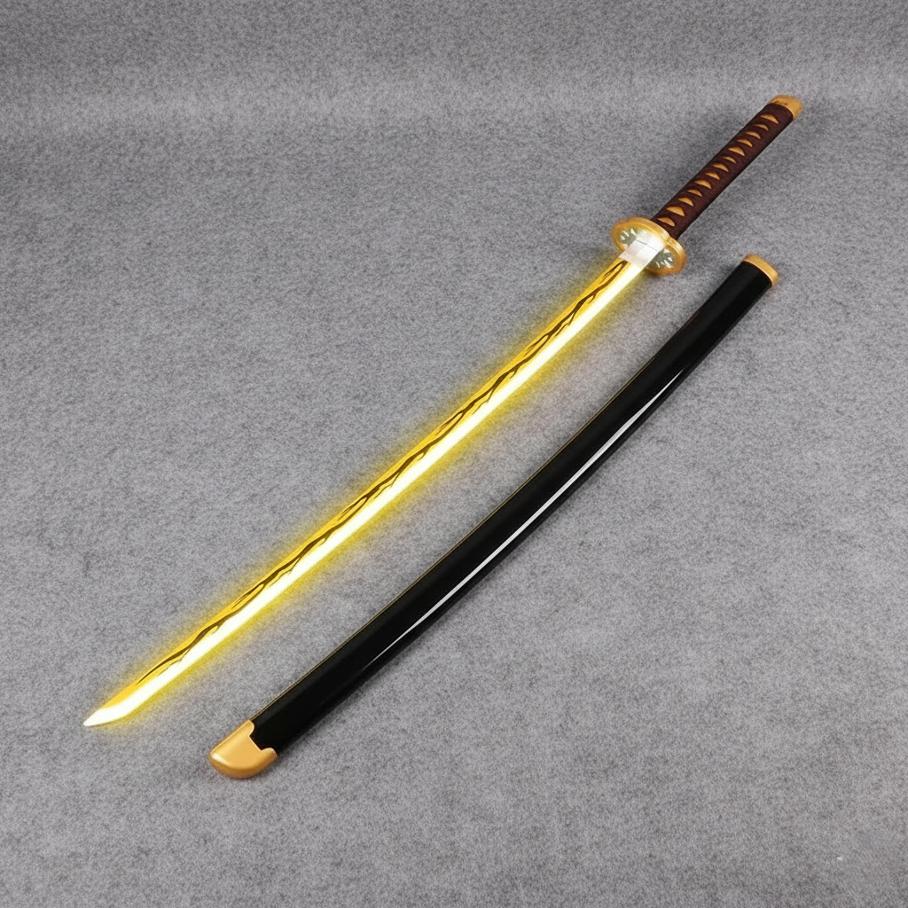 Kaigaku Nichirin Blade Katana replica 104 cm, wooden sword with black scabbard and glowing golden LED blade. Safe, non-sharp prop with USB charge.