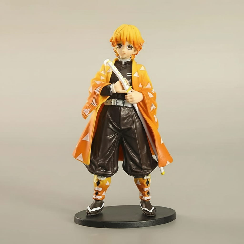Zenitsu Agatsuma action figure 14 cm, wearing his yellow haori and holding his Nichirin sword. Highly articulated PVC collectible.