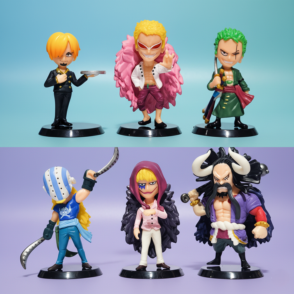 Set of 6 One Piece chibi figures 7.5–9.5 cm, including Sanji, Zoro, Kaido, Doflamingo, Trafalgar Law, and Eustass Kid, all in dynamic poses on black bases.