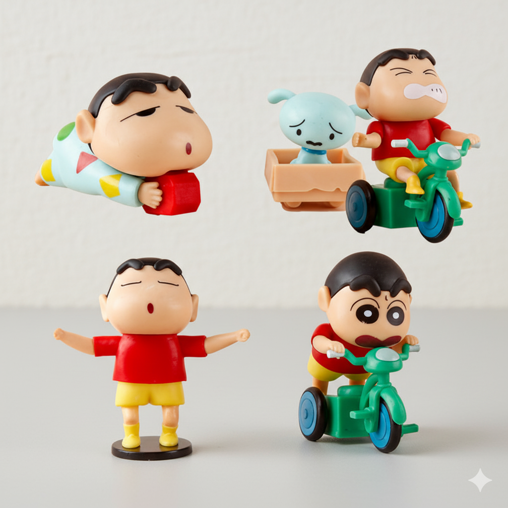 Set of 4 Crayon Shin-chan Shinnosuke Nohara figures 8-10 cm, showing him sleeping, riding a tricycle with Shiro, and standing, all in a chibi style.