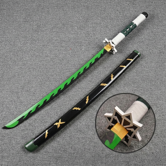 Full-size wooden replica of Sanemi Shinazugawa's Nichirin Blade from Demon Slayer, showing the long green and black jagged blade, white wrapped handle, star-shaped guard, and matching black scabbard.