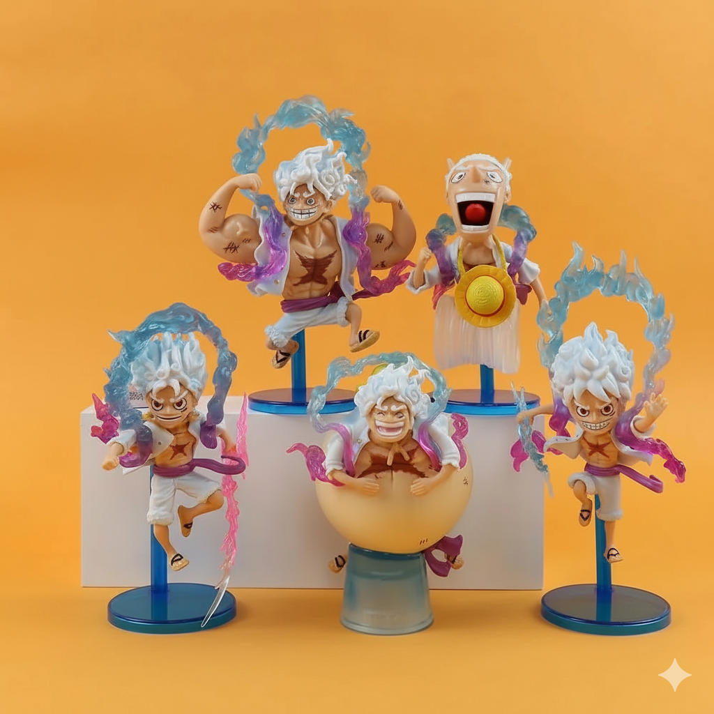 Set of 5 Monkey D. Luffy Gear 5 action figures 12 cm tall, showing different poses of the Joy Boy form with white hair and blue and pink translucent power effects on blue bases.