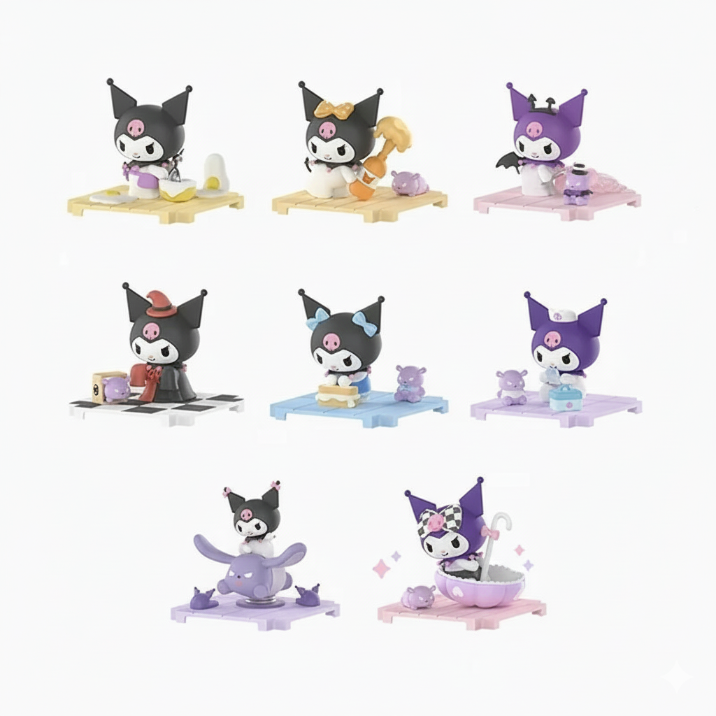 Set of 8 Sanrio Kuromi mini figures 7.5 cm, showing Kuromi in various costumes and poses on small bases, often with her companion Baku. High-quality PVC toy collectible.