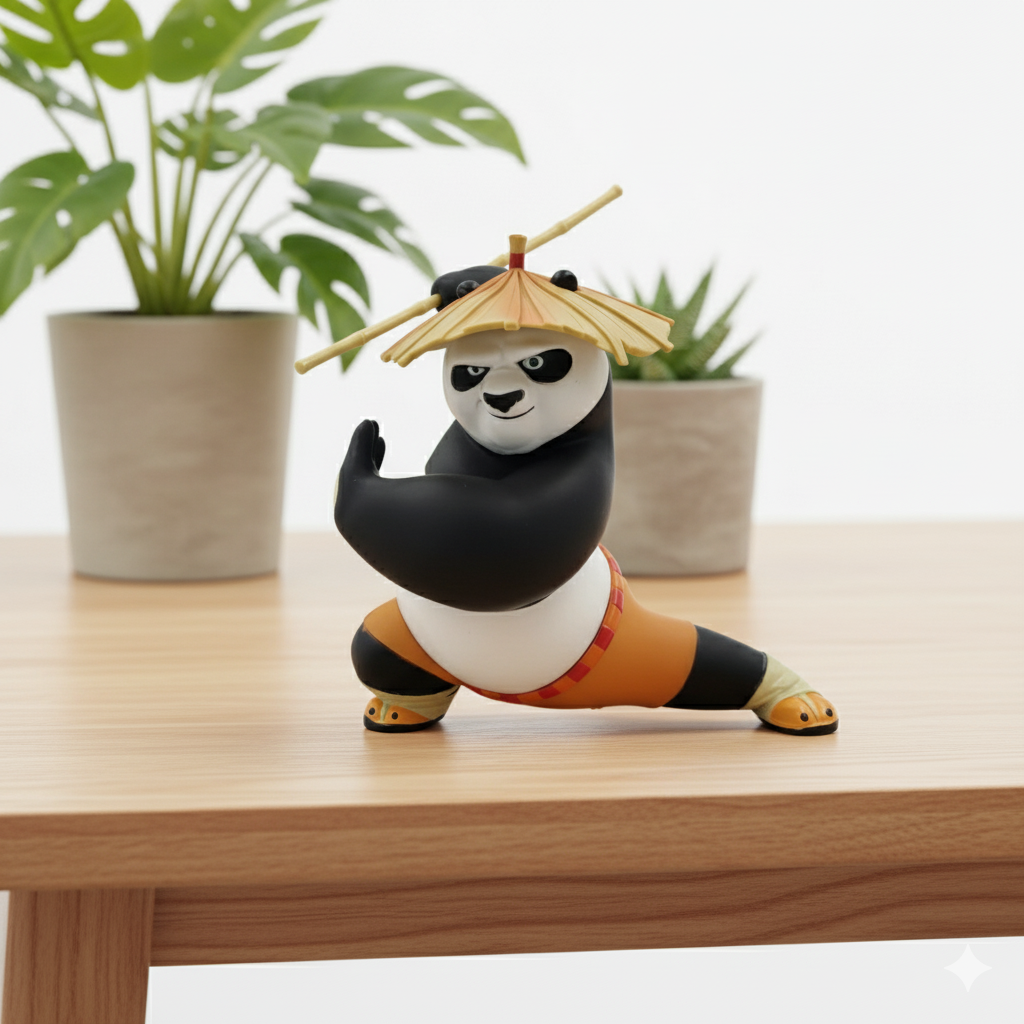 Kung Fu Panda Po action figure collectible statue 16 cm with straw hat and bamboo staff in dynamic martial arts pose.