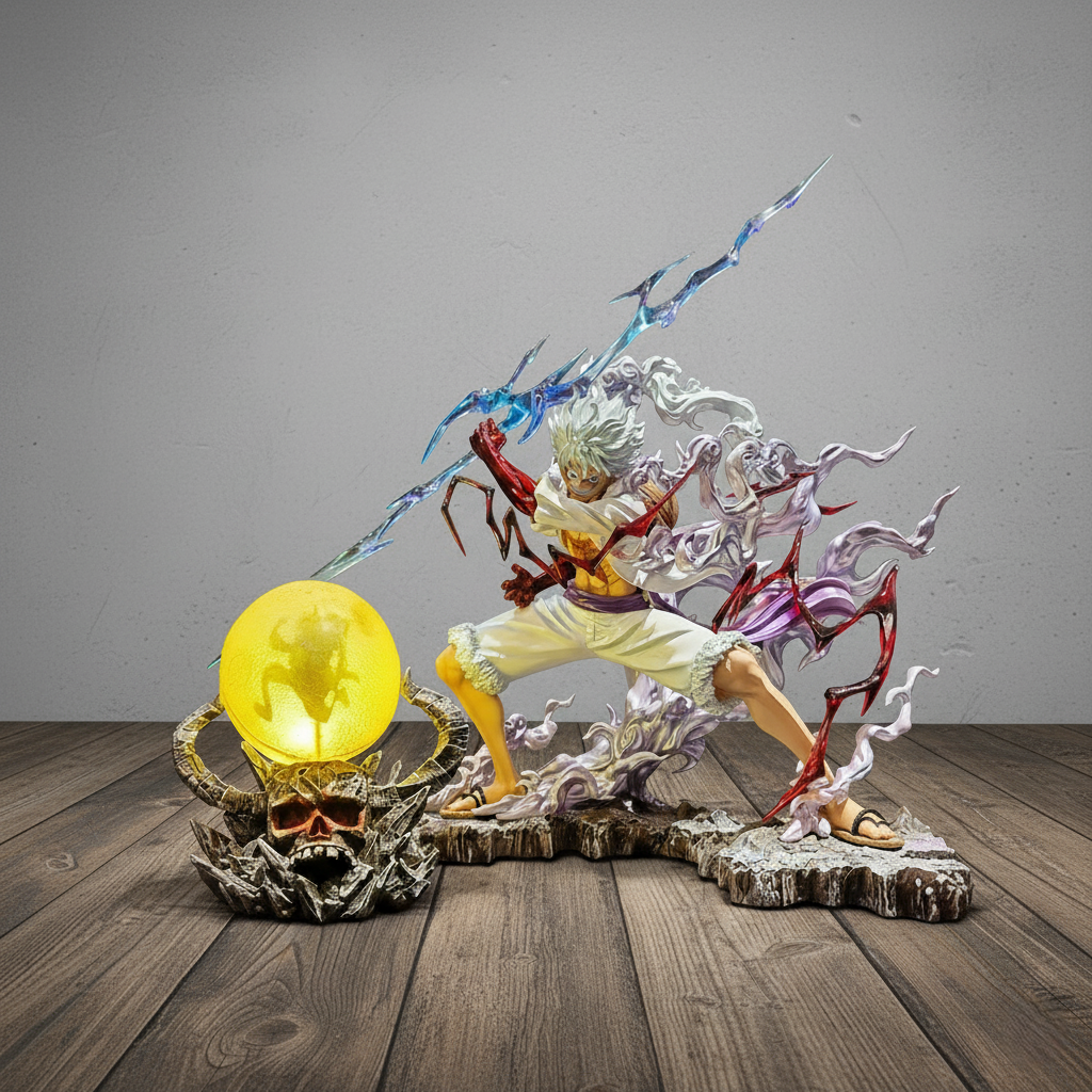 Monkey D. Luffy Gear 5 figure in a thunder strike pose with white hair, standing on a rock base next to a glowing yellow Onigashima Skull Lamp. High-detail statue.