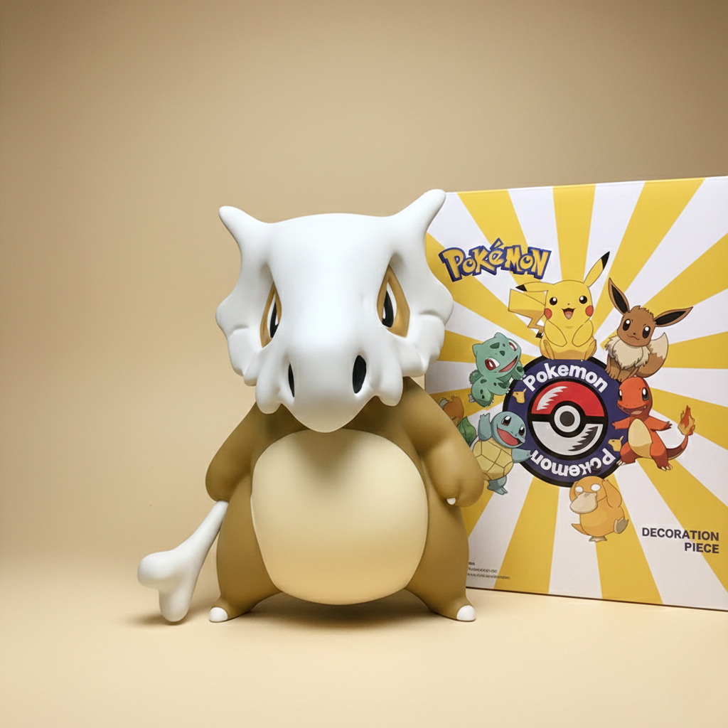 Large 20cm Cubone Pokémon decoration figure with its signature skull and bone, standing in front of its yellow collector's box featuring Pikachu and other original Pokémon.