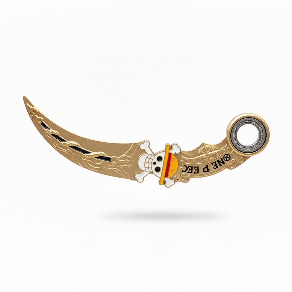 One Piece Karambit Fidget Spinner 17.5 cm. Gold metal toy with Straw Hat Jolly Roger logo, curved blade, and spinning finger ring. Non-sharp and foldable.