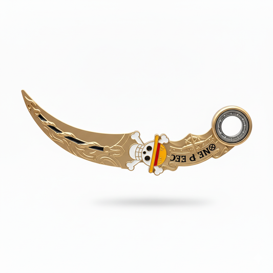 One Piece Karambit Fidget Spinner 17.5 cm. Gold metal toy with Straw Hat Jolly Roger logo, curved blade, and spinning finger ring. Non-sharp and foldable.