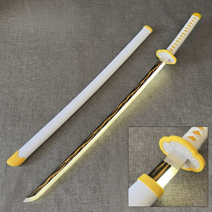Zenitsu Agatsuma Nichirin Blade Katana replica 104 cm, wooden sword with white scabbard and glowing golden LED blade with black thunder pattern. Safe, non-sharp prop with USB charge.
