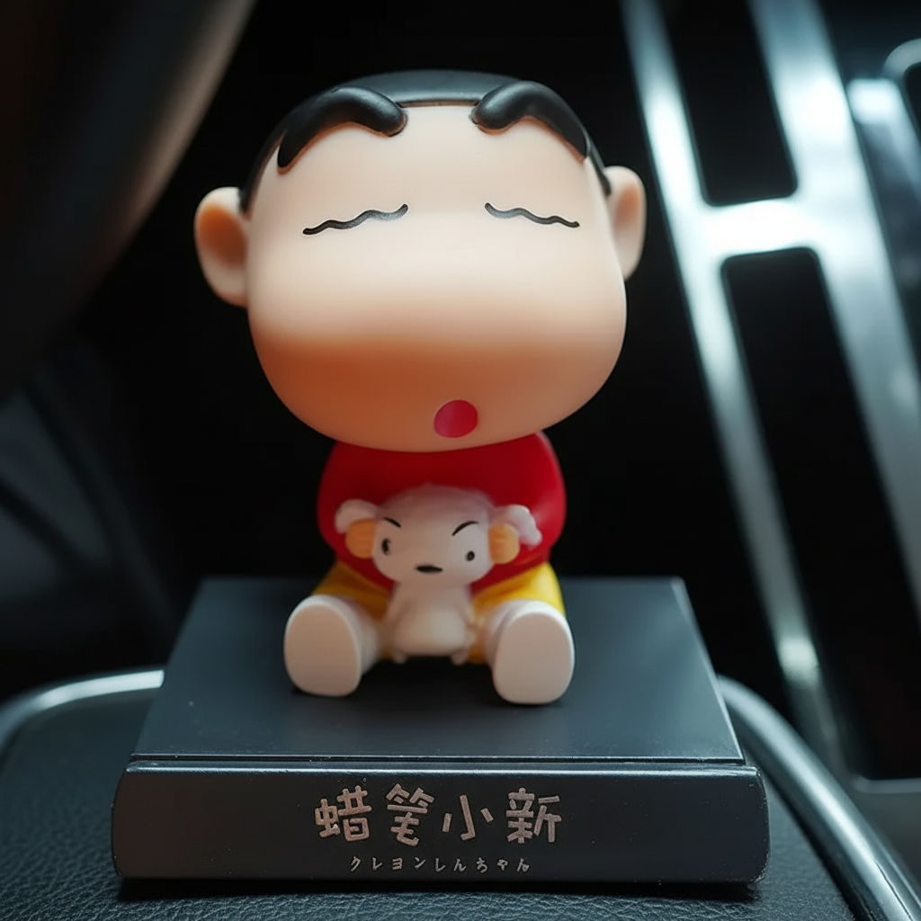 Crayon Shin-chan and Shiro bobble head toy figurine 10 cm, showing Shinchan hugging Shiro. High-quality car dashboard collectible toy.