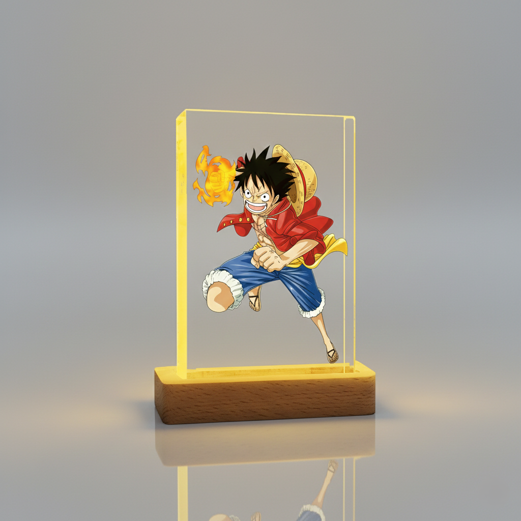 Monkey D. Luffy LED night lamp featuring a colorful, dynamic image of the character on a clear acrylic panel with a warm yellow light glowing from the rectangular wooden base.
