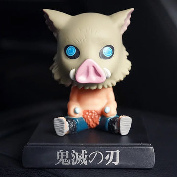 Demon Slayer Inosuke Hashibira bobble head toy figurine 10 cm, wearing his boar mask, seated on a black display base. High-quality car dashboard collectible toy.
