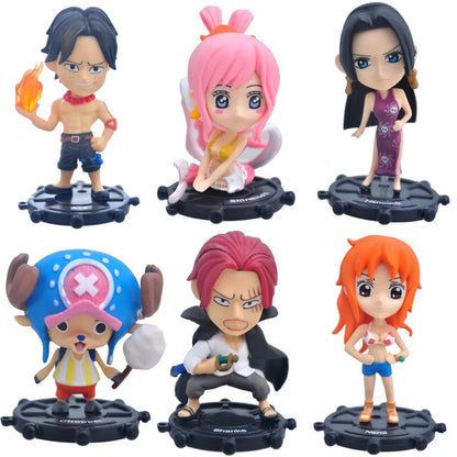Set of 6 One Piece chibi figures 9 cm, including Portgas D. Ace, Boa Hancock, Shanks, Nami, and Tony Tony Chopper. High-quality PVC anime toy collectible.