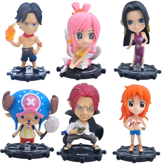 Set of 6 One Piece chibi figures 9 cm, including Portgas D. Ace, Boa Hancock, Shanks, Nami, and Tony Tony Chopper. High-quality PVC anime toy collectible.