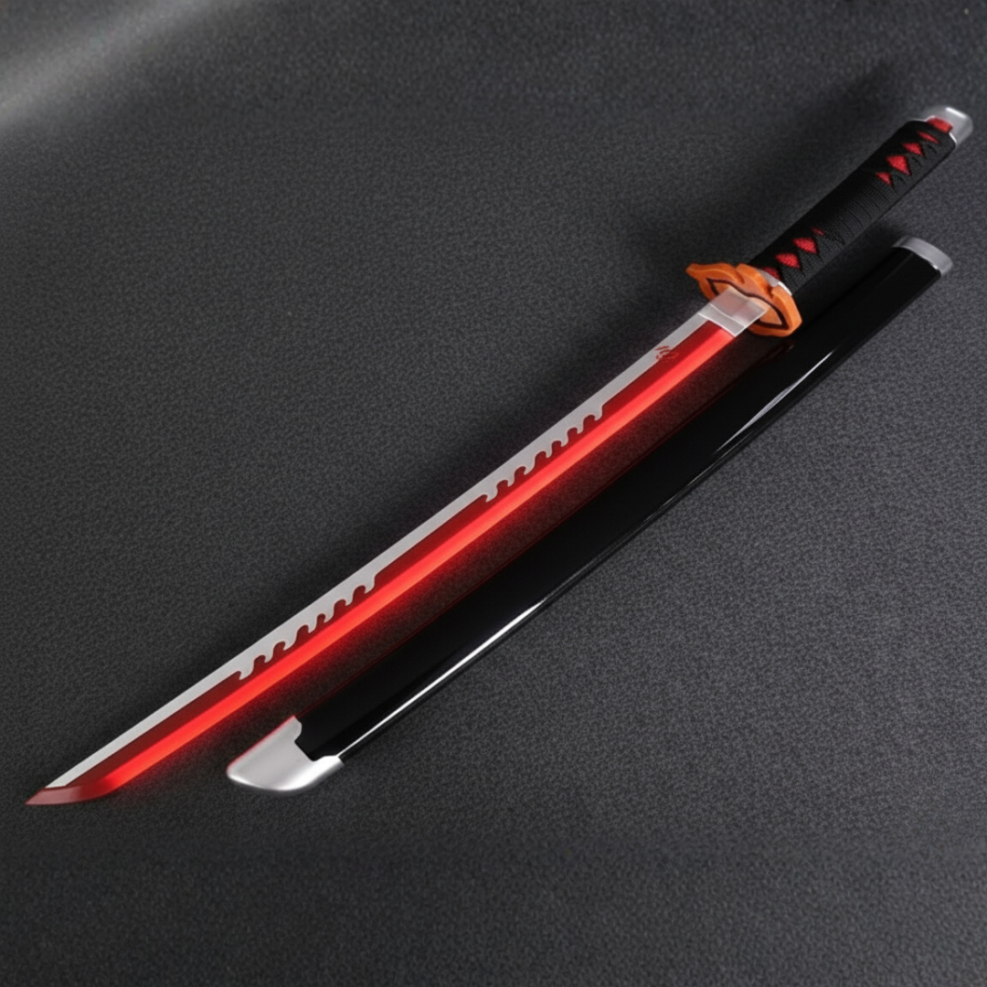Tanjiro Kamado Nichirin V2 wooden Katana replica 104 cm, wooden sword with black scabbard and glowing red, serrated detail, orange tsuba. Non-sharp cosplay prop.