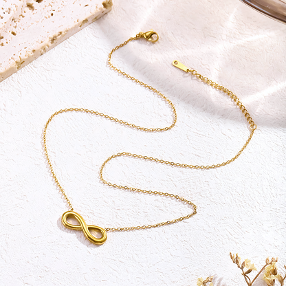 Full length view of the Aura gold anti-tarnish infinity necklace showing the adjustable lobster clasp
