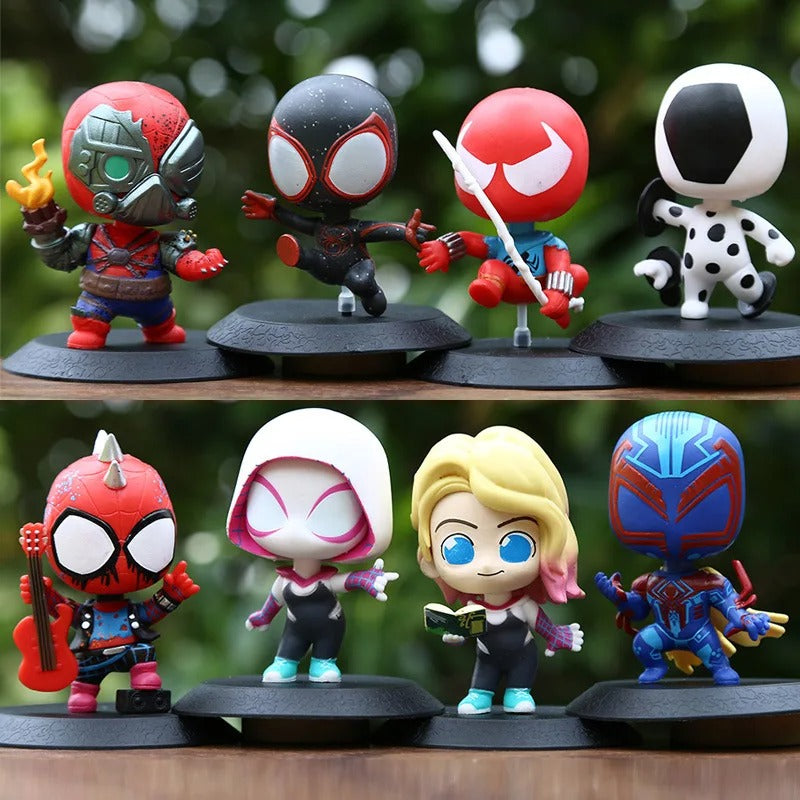Set of 8 Spider-Verse chibi figures 9 cm tall, including Miles Morales, Spider-Gwen, Spider-Punk, Spider-Man 2099, and The Spot, all on black display bases.