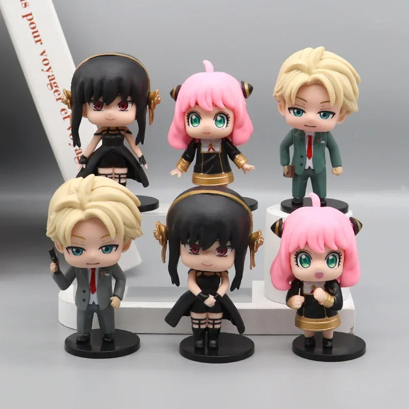 Set of 6 Spy x Family chibi figures 9 cm, including Loid Forger (Twilight), Yor Forger (Thorn Princess), and Anya Forger in multiple poses on black display bases.