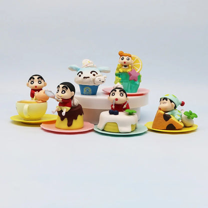 Set of 6 Crayon Shin-chan mini figures 7.5 cm, seated in sweet, dessert-themed poses (pudding, cake, lemon). High-quality PVC anime toy collectible.