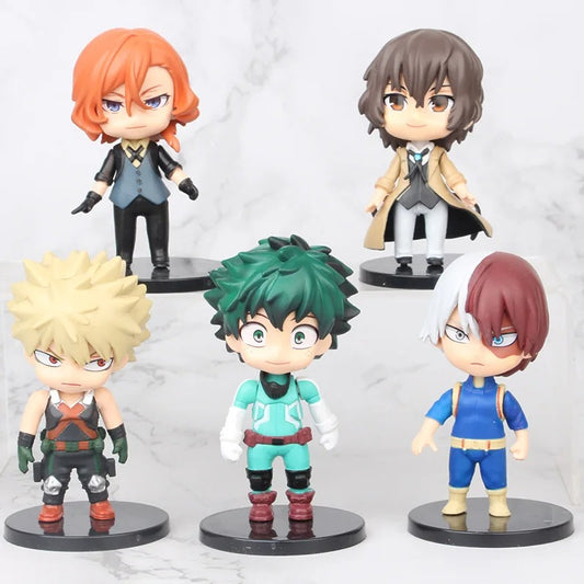 Set of 5 My Hero Academia chibi figures 10 cm, including Izuku Midoriya, Katsuki Bakugo, Shoto Todoroki, and two characters in coats. High-quality PVC toy collectible.
