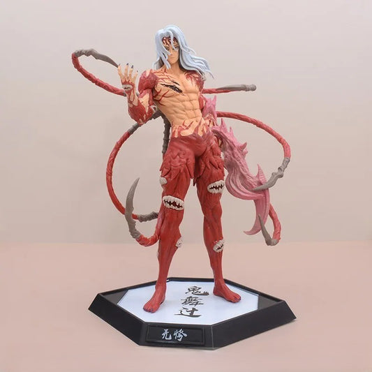 Muzan Kibutsuji final demon form action figure 29 cm, showing exposed red flesh, long white hair, and demonic appendages on a hexagonal base. High-detail collectible statue.