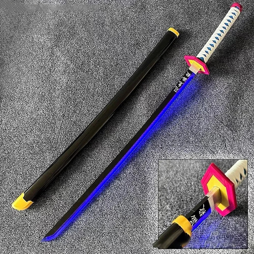 Giyu Tomioka Nichirin Blade Katana replica 104 cm, wooden sword with black scabbard and glowing blue LED blade. Safe, non-sharp prop with hexagonal tsuba and USB charge.
