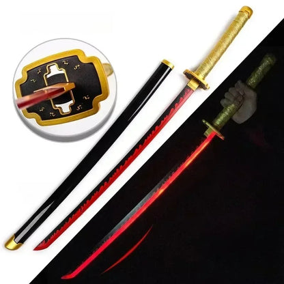 Yoriichi Tsugikuni Nichirin Blade Katana replica 104 cm, wooden sword with black scabbard and glowing red blade. Safe, non-sharp prop with unique tsuba and USB charge.