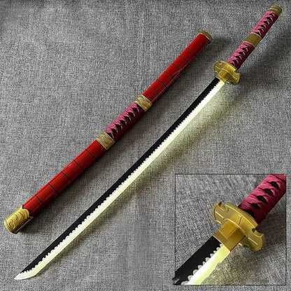 Roronoa Zoro Sandai Kitetsu Katana replica 104 cm, wooden sword with red scabbard and glowing white/yellow blade, shown with gold tsuba detail. Non-sharp cosplay prop.