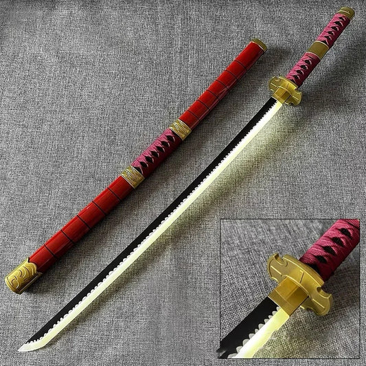 Roronoa Zoro Sandai Kitetsu Katana replica 104 cm, wooden sword with red scabbard and glowing white/yellow blade, shown with gold tsuba detail. Non-sharp cosplay prop.