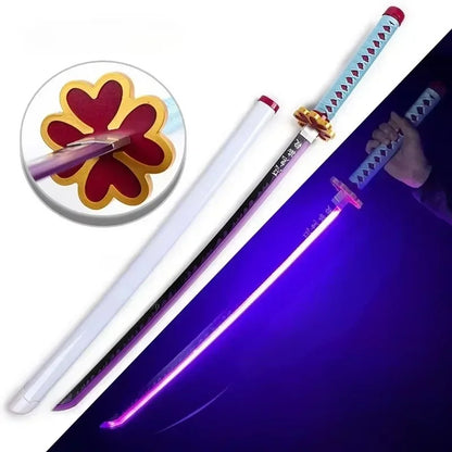 Mitsuri Kanroji Nichirin Blade Katana replica 104 cm, wooden sword with white scabbard and glowing purple LED blade. Safe, non-sharp prop with heart-shaped tsuba and USB charge.